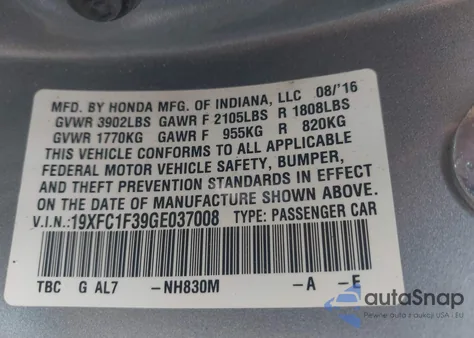 2016 Honda Civic Ex-T from USA, damaged, VIN 19XFC1F39GE037008